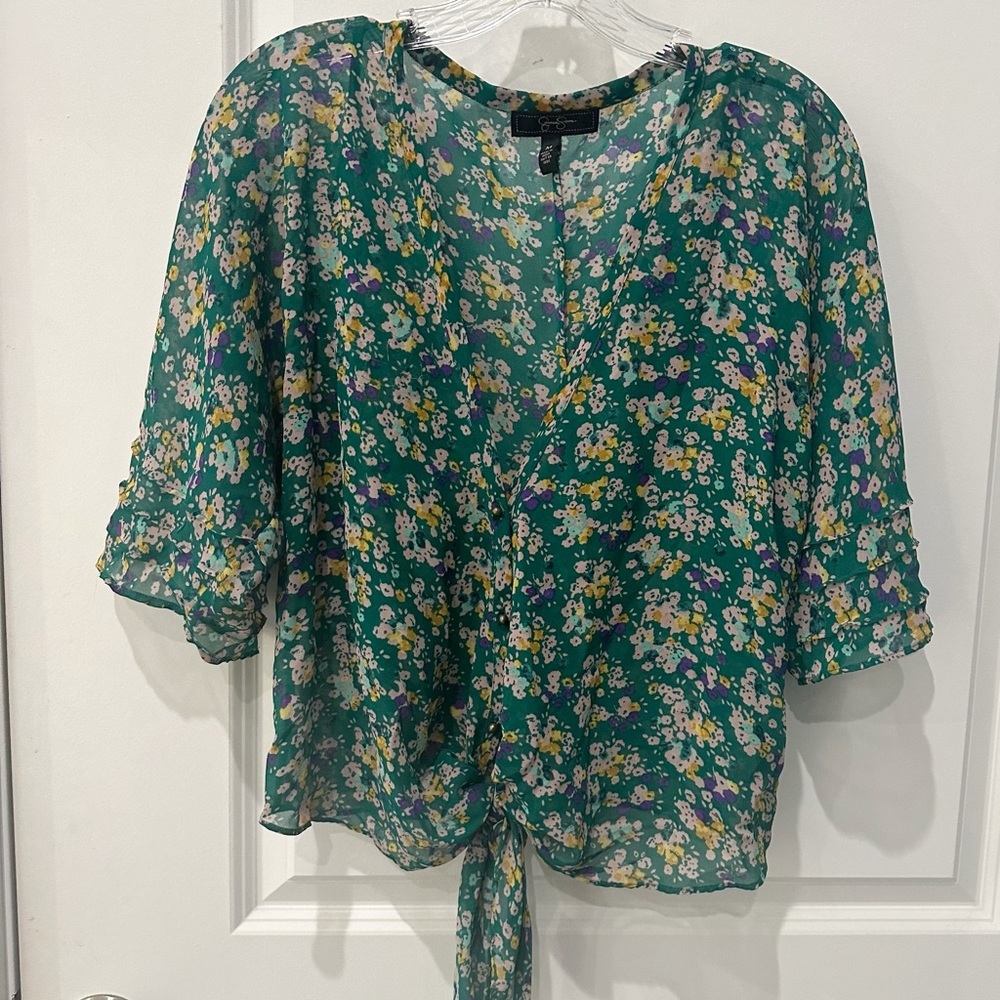 **JESSICA SIMPSON Tie Front Sheer Flowy Flutter Sleeve Blouse Floral - Picture 6 of 10